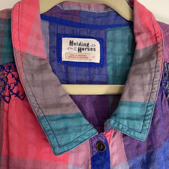 Colorful Plaid Button Down Trapeze Dress - Picture 2 of 7